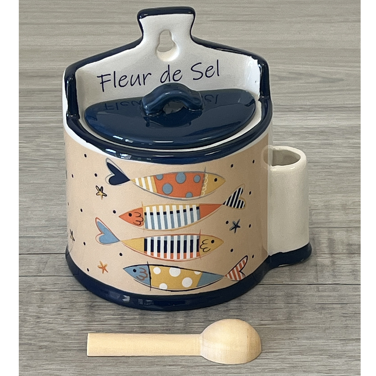 Ceramic salt box with spoon