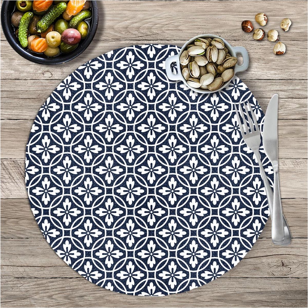 Blue and White Cement Tile Round Placemat