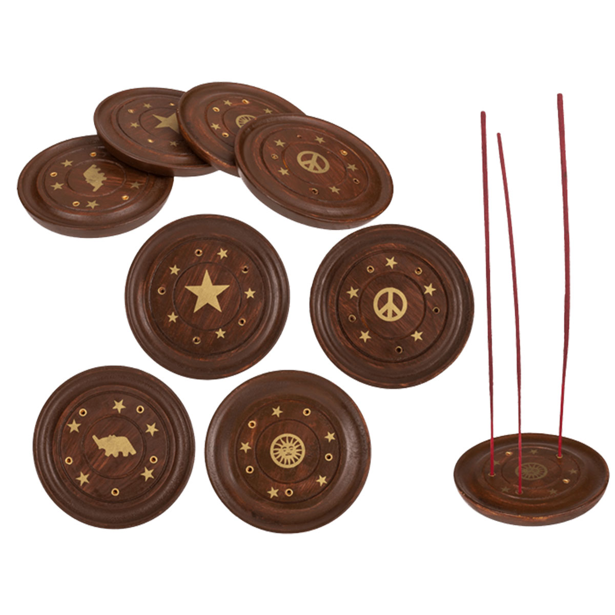 Round wooden incense stick holder - Peace and Love