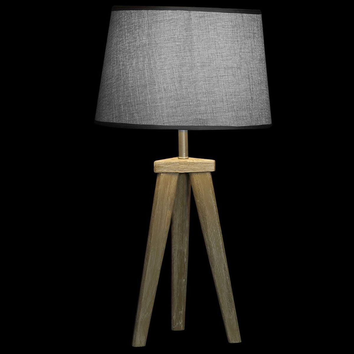 Patinated wooden lamp with grey linen shade