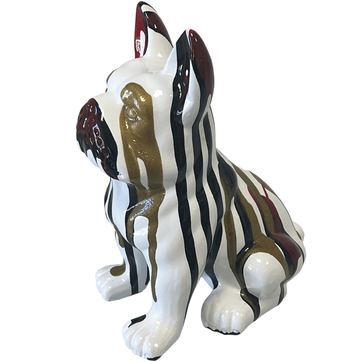 French bulldog ceramic statue sitting white - red, gold, black