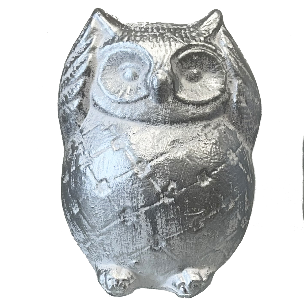 Ceramic statues trio of white owls with silver patina