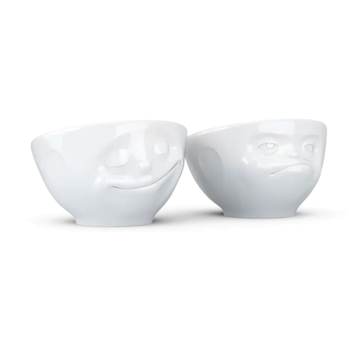 2 White Porcelain Egg Cups by Tassen - Happy and Angry