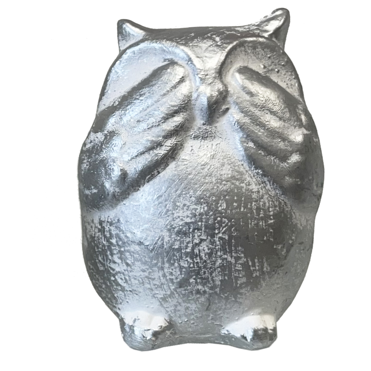 Ceramic statues trio of white owls with silver patina